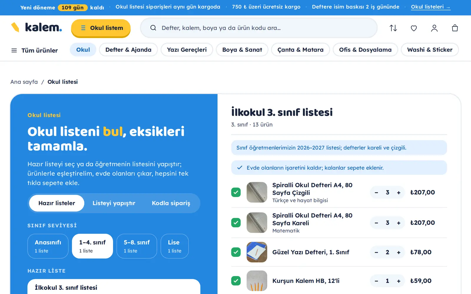 Kalem teması: okul listesi sayfası