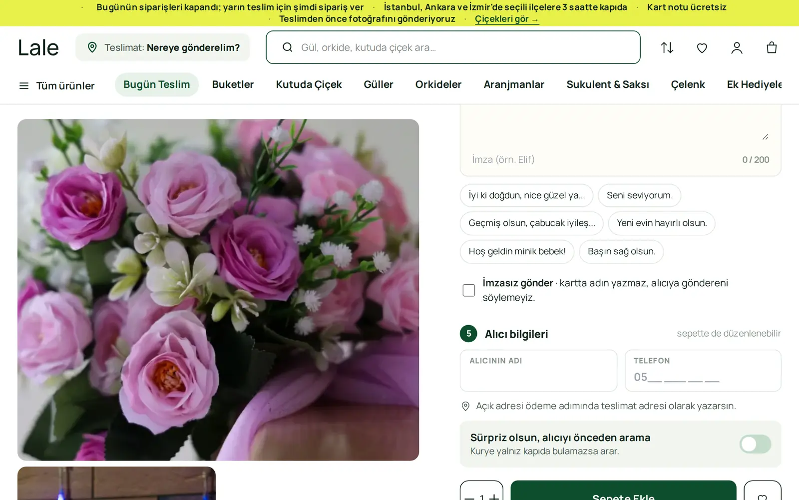Lale teması: kart notu ve alıcı bilgileri