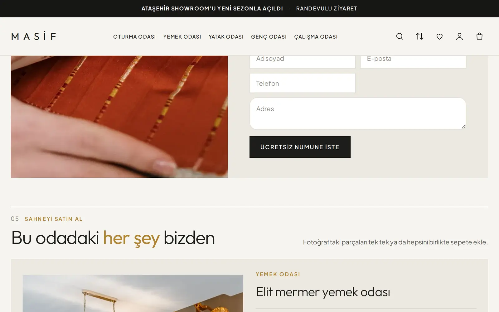 Masif teması: kumaş kartelası ve numune talebi