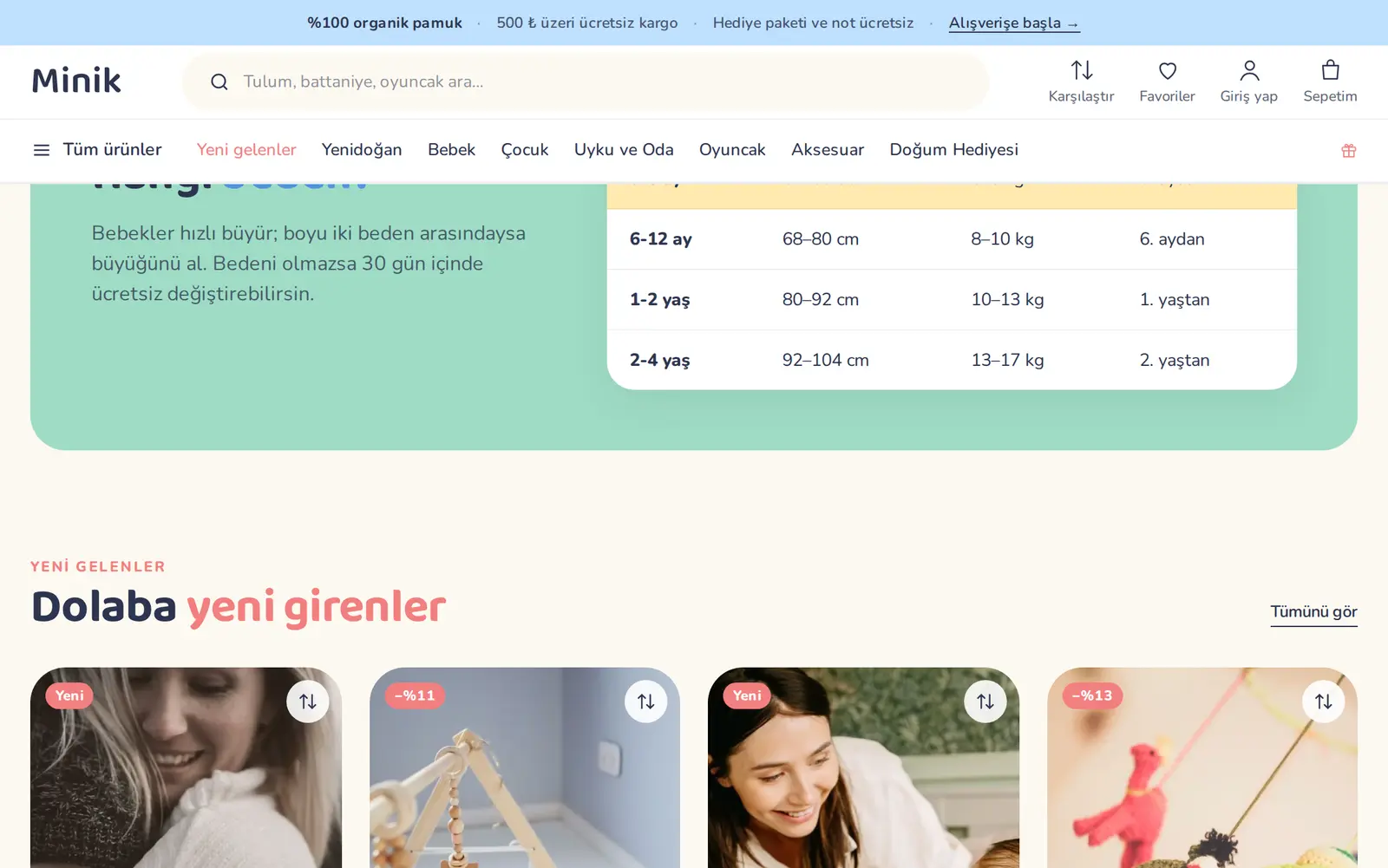 Minik teması: beden rehberi tablosu