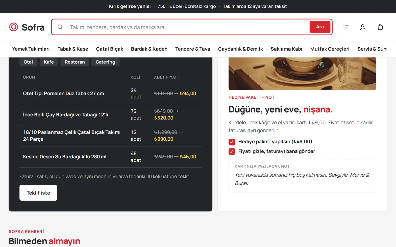 Sofra teması: koli fiyatı ve teklif